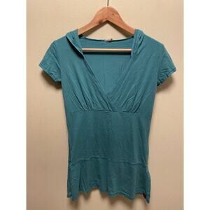 Vintage Womens Tunic Large Blue Hooded Cap Sleeve Stretch V Neck Grunge 90s Y2K